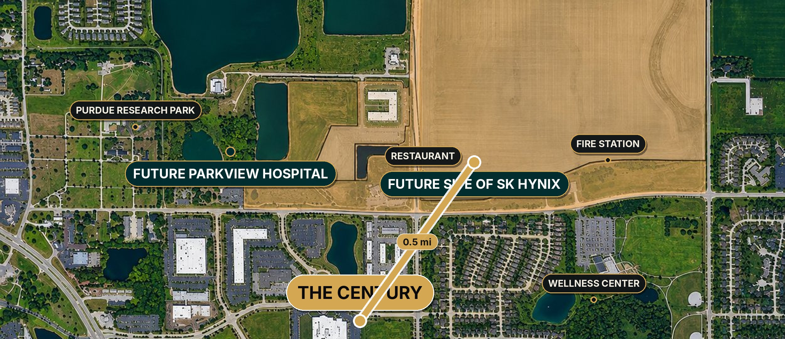 Aerial proximity map — The Century inside Purdue Research Park, beside the future SK hynix site and Parkview Hospital