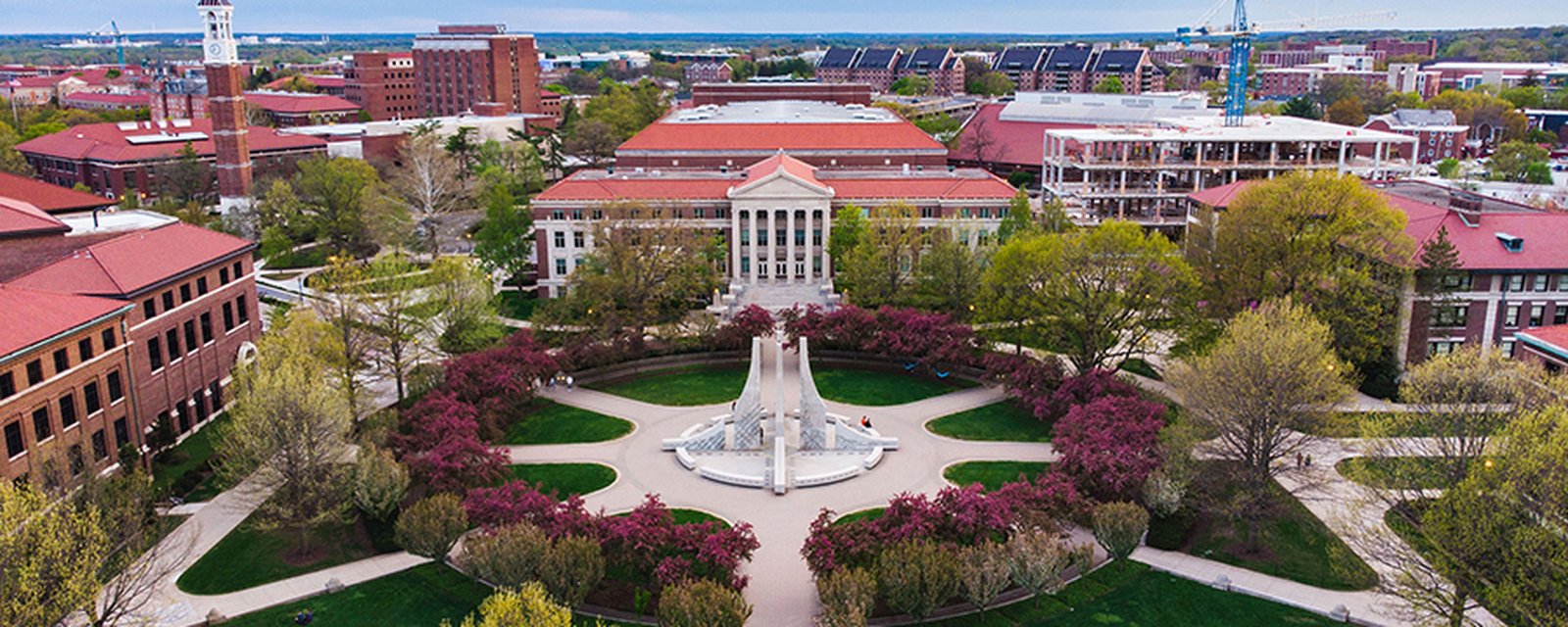 Aerial of Purdue University campus — Bell Tower and Engineering Mall, West Lafayette, Indiana